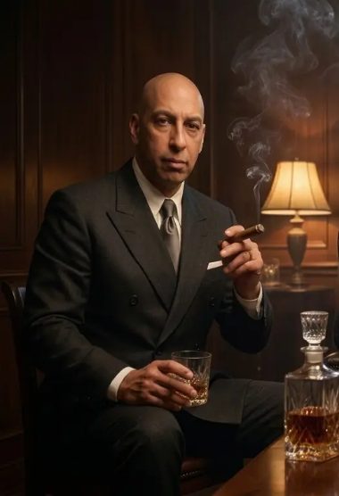 A man in a dark suit in a wood-paneled lounge, cigar in one hand and a glass of rye in the other